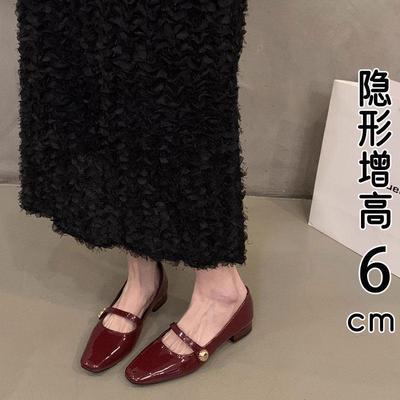 香港真皮红色玛丽珍单鞋女2024秋冬新款小个子内增高晚晚风小皮鞋