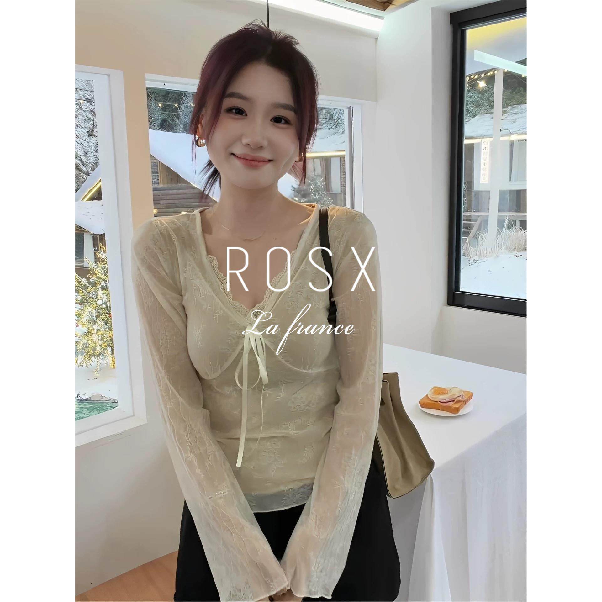 ROSX法式高级感蕾丝钩花V领打底衫女春季设计感小众内搭长袖上衣