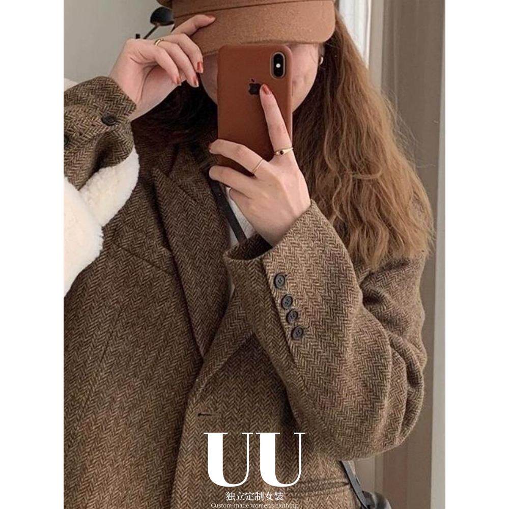 UU定制/2025秋冬小众设计感咖色毛呢西装外套女人字纹羊毛上衣潮