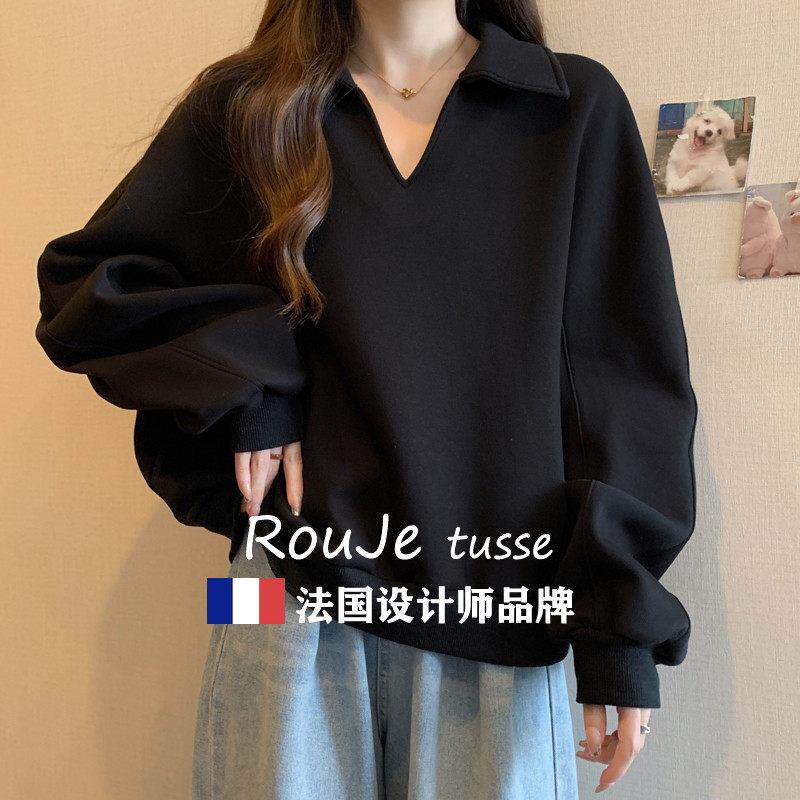 大码慵懒风半开领长袖卫衣女秋冬新款胖MM宽松显瘦内搭打底衫上衣