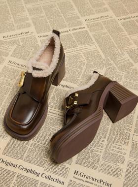 A.D Hepburn~2024冬季新款加绒棉鞋高跟乐福鞋粗跟英伦风小皮鞋女