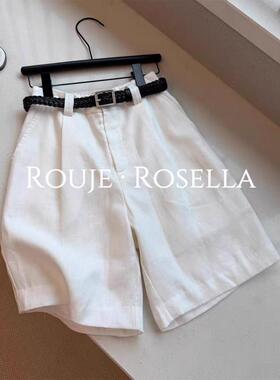 法国Rouje Rosella白色亚麻五分裤女夏薄款简约时尚宽松阔腿裤