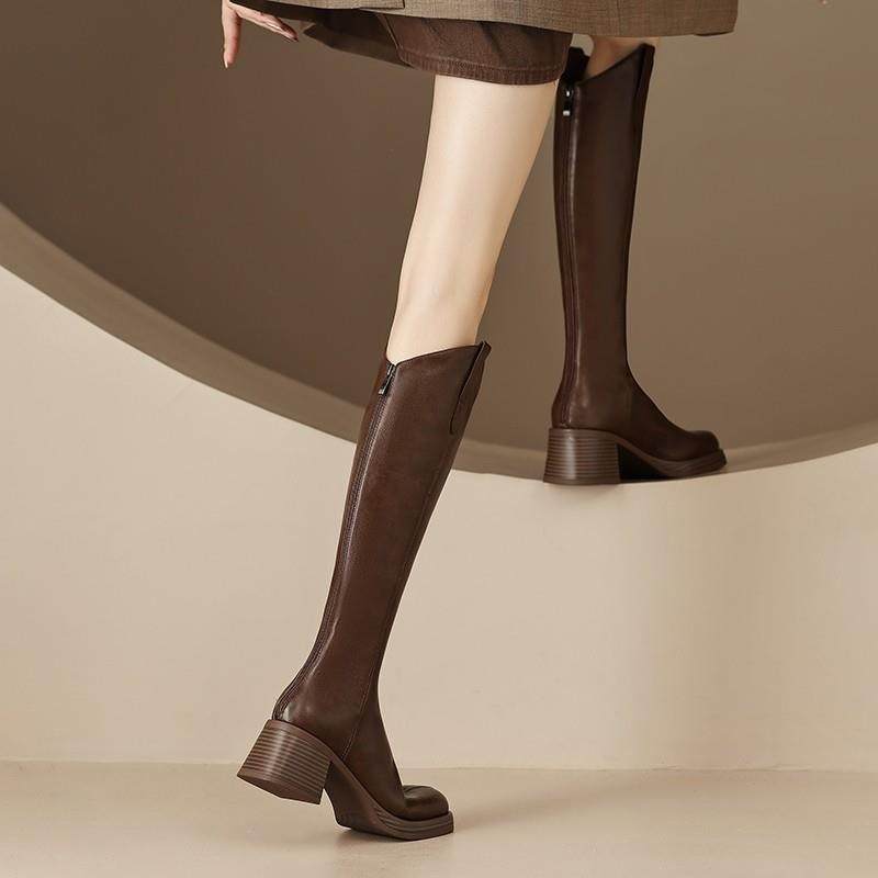 极简风~Raraente真皮圆头V口骑行靴女秋冬棕色百搭高跟长筒靴,女鞋,骑士靴,淘宝优惠券,粉丝福利购,淘宝优惠卷