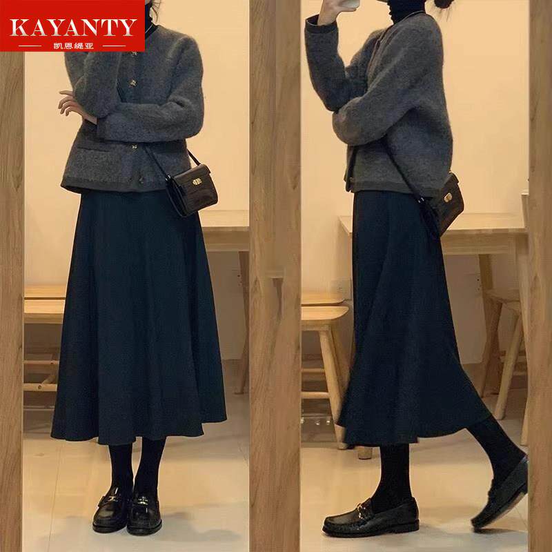 KAYANTY黑色毛呢半身裙女秋冬新款高腰显瘦a字裙梨形身材遮胯伞裙