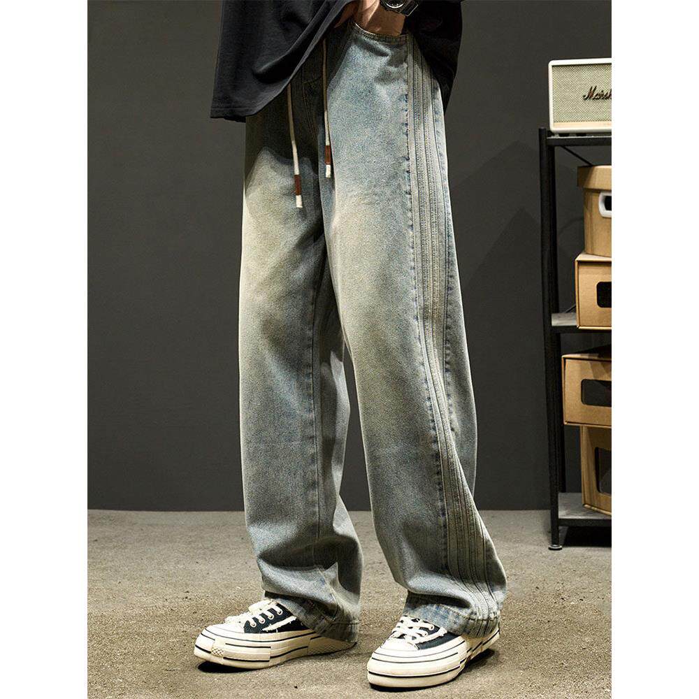 潮牌春秋季加绒加厚美式宽松直筒牛仔裤男士条纹复古阔腿裤长裤子