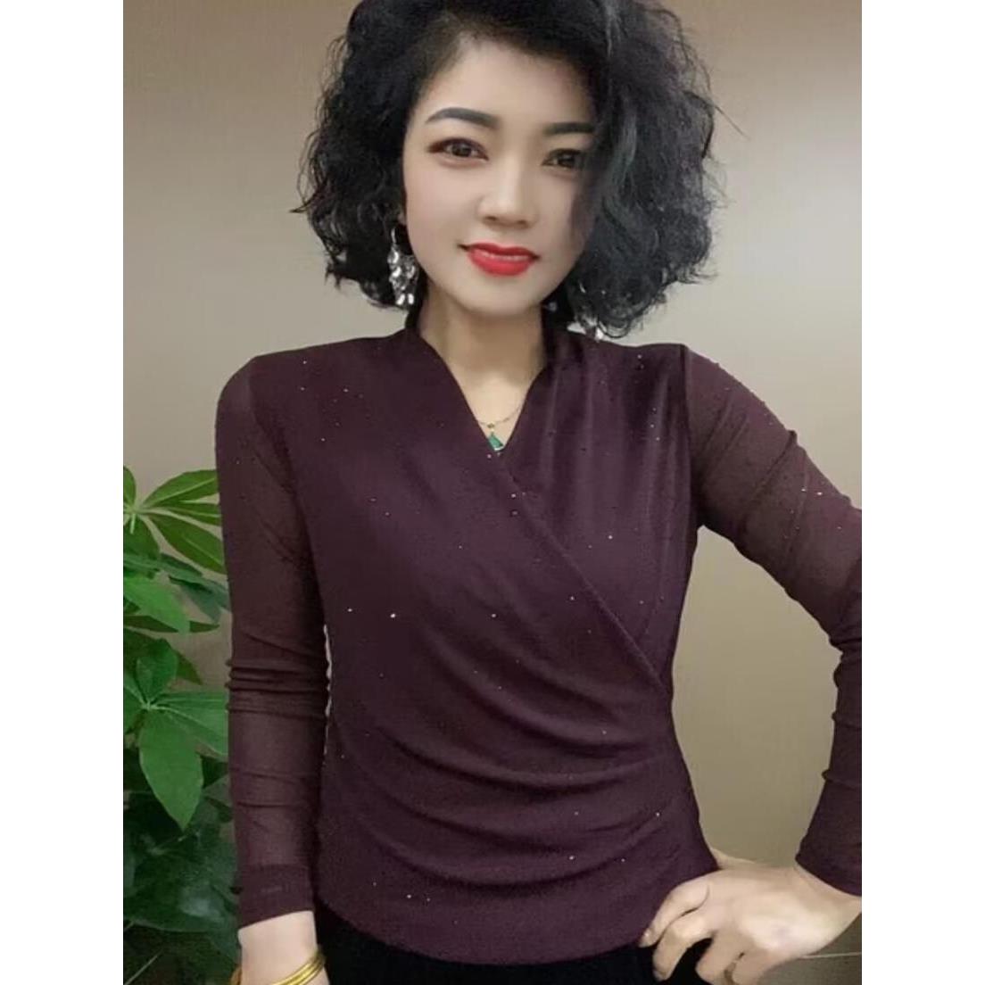韩国2025薄款修身网纱打底衫女长袖小衫春季新款妈妈洋气交叉v领