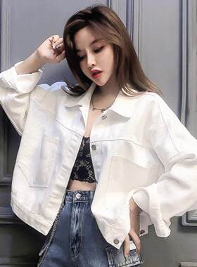 白色牛仔短款外套女春秋夹克覆古衬衫bf工装衬衣薄款辣妹露脐上衣