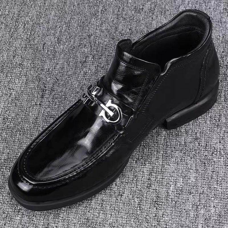 QWTG男士真皮男鞋冬季新款加绒保暖套筒时尚厚底防滑高帮休闲皮鞋