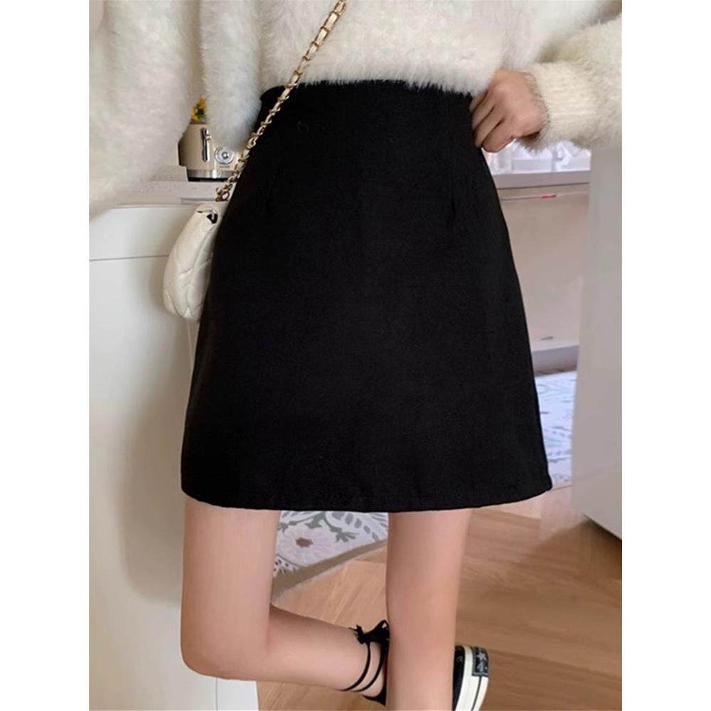 2025春秋新款黑色毛呢半身裙女高级感百搭小个子a字高腰包臀短裙