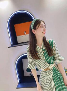 欧洲站夏季港风高端小众气质别致惊艳设计感绿色条纹衬衫连衣裙女