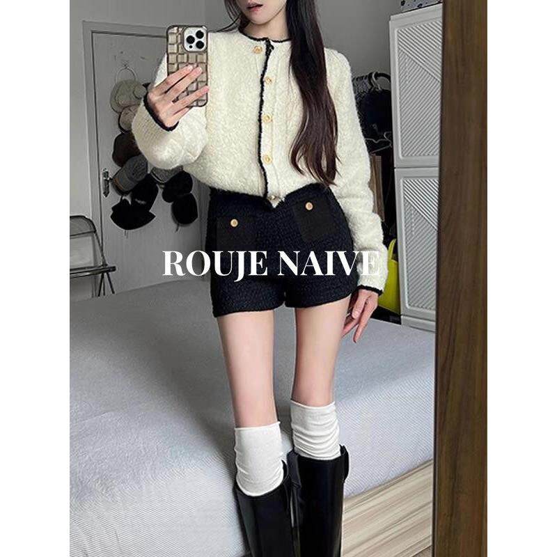 ROUJE NAIVE黑色配靴子毛呢短裤女春秋新款高腰显瘦a字打底休闲裤