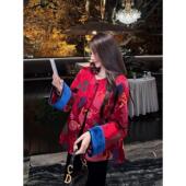 覆古高级感盘扣小个子上衣 新款 新中式 真丝绒红色外套女2025秋冬季