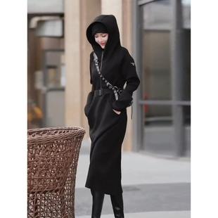优雅时尚 连帽运动衫 休闲西式 修身 适合 高端优雅 长裙 黑色长袖