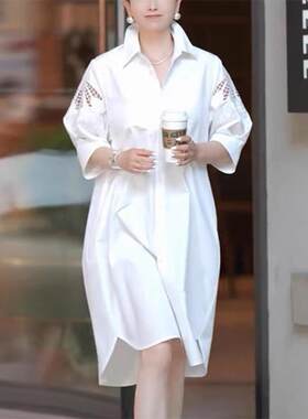 休闲翻领短袖衬衫裙女夏季新款宽松显瘦遮肉洋气女士中长款连衣裙