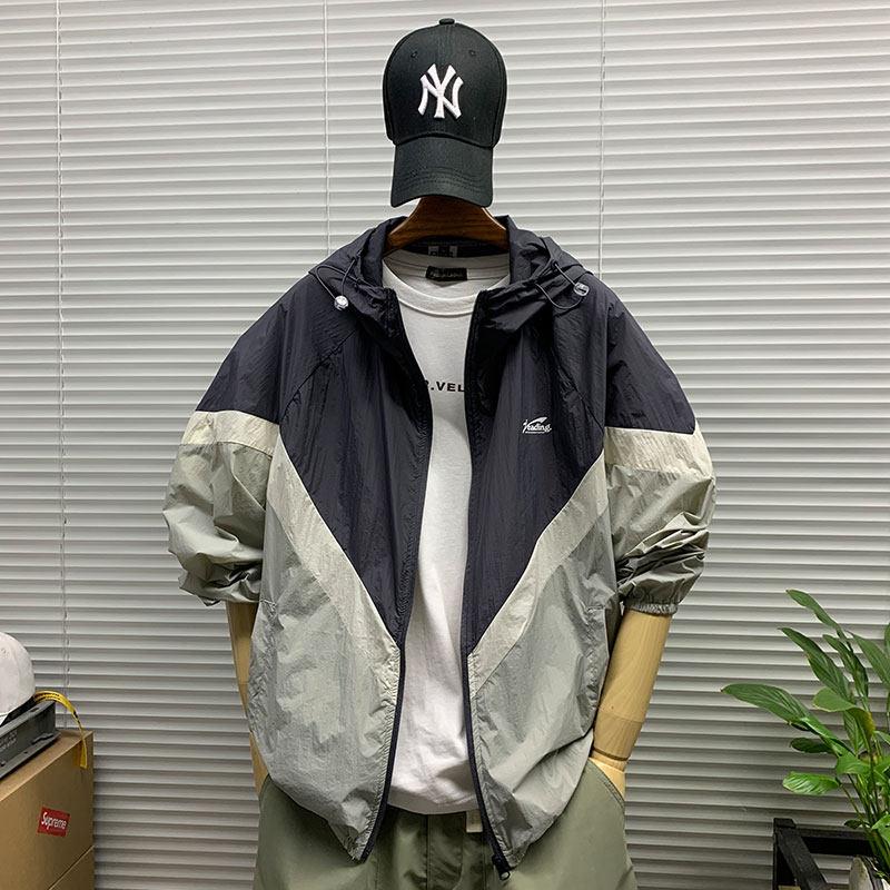 连帽撞色防晒服男夏季薄款潮牌休闲运动户外防晒衣拼色夹克皮肤衣