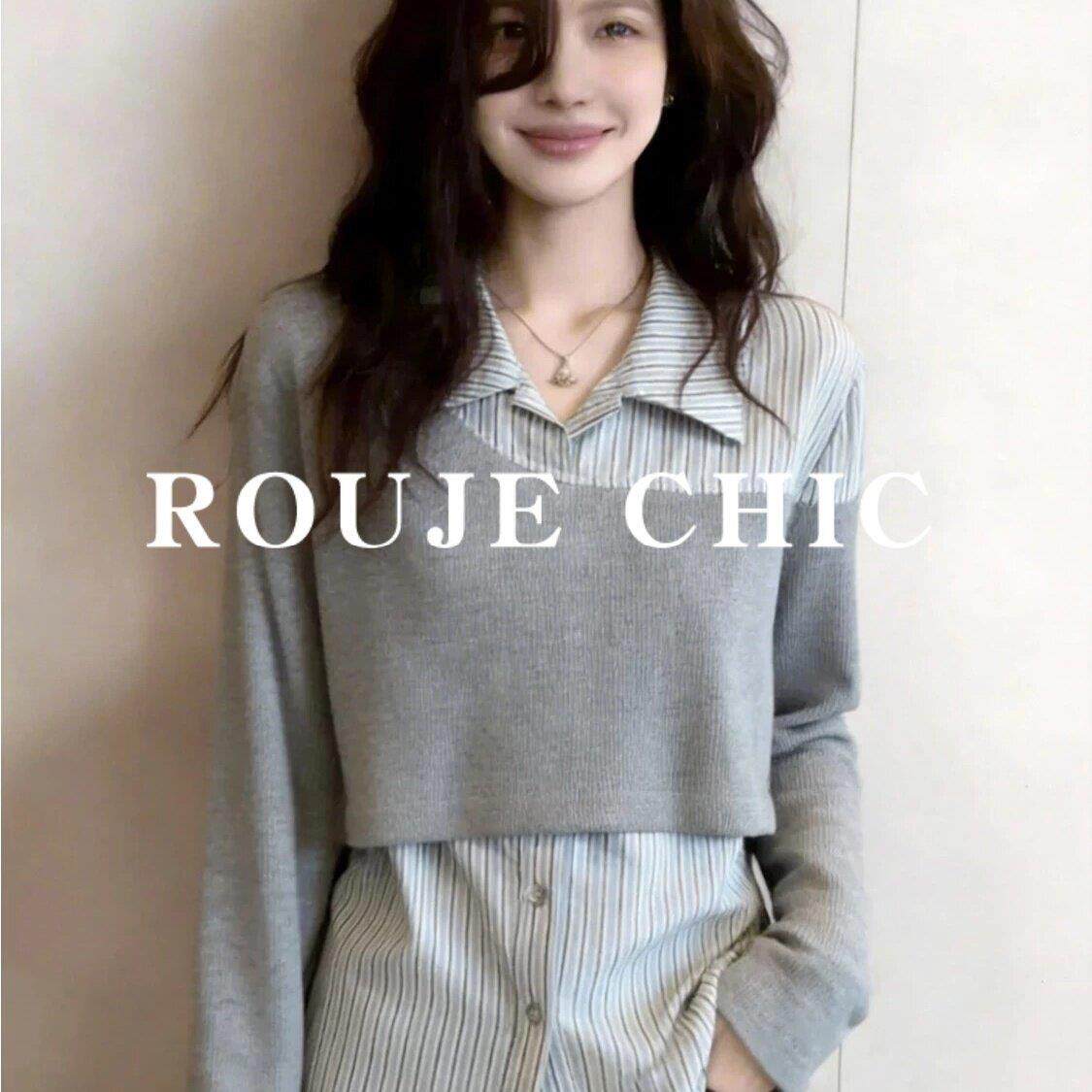 法国rouje chic法式不规则撞色条纹假两件衬衫女春季休闲气质上衣