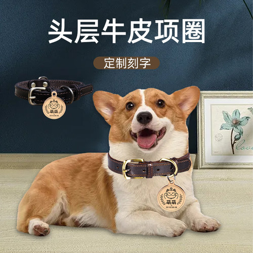 真皮狗狗项圈定制铃铛刻字防丢狗牌中型大型小型犬小猫咪宠物颈圈