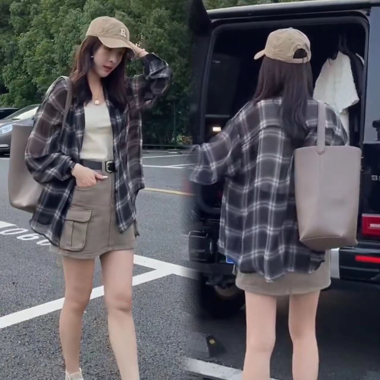 防晒披肩长袖透气薄款外套女2023春夏新款设计感中长款格子衬衫女