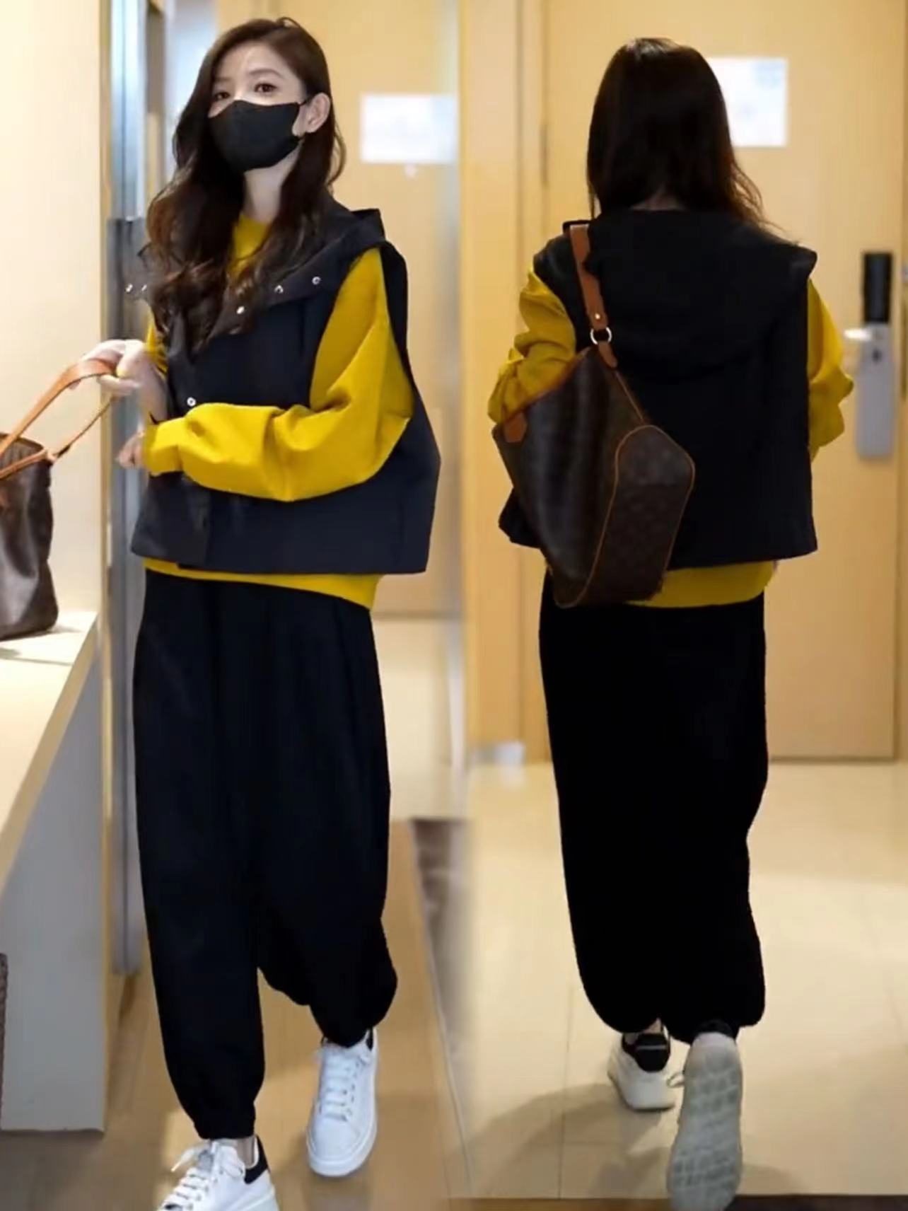 连帽马甲圆领长袖卫衣九分阔腿卫裤女2023春秋季休闲宽松显瘦套装