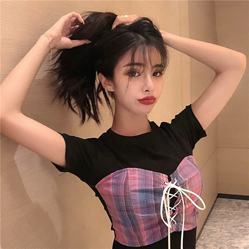 夏装新款韩版复古气质修身拼接格纹彩色系绳假两件短袖T恤上衣女|ruв категории Женская одежда, футболка - от Buy2taobao.com для оказания профессиональной услуги покупки агента Taobao