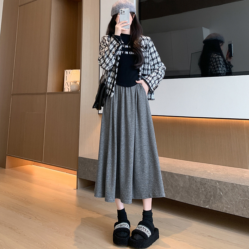 糯米半身裙女秋冬新款高腰显瘦大摆中长裙纯色A字大码松紧腰 裙子