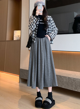 糯米半身裙女秋冬新款高腰显瘦大摆中长裙纯色A字大码松紧腰 裙子