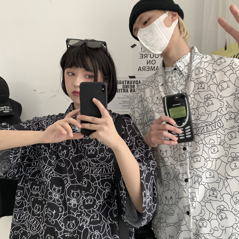 2021春夏韩ins潮美式复古卡通短袖休闲宽松衬衫CS005P45,男装衬衫,电商D325