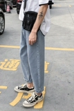 钮扣束脚设计INS简约老爹裤港风宽松直筒牛仔裤/K06P45，男装牛仔裤，电商D325