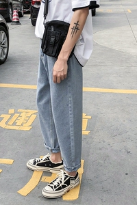 钮扣束脚设计INS简约老爹裤 港风宽松直筒牛仔裤/K06 P45图片