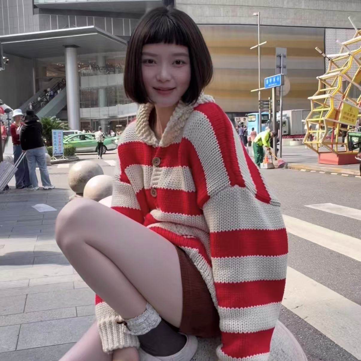 wyd小樱桃 韩系小翻领条纹粗针毛衣,女装/女士精品,毛针织衫,淘宝优惠券,粉丝福利购,淘宝优惠卷