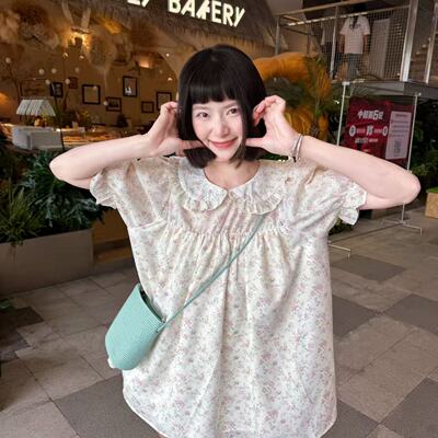 wyd小樱桃【雨后花园】娃娃领小清新韩系小碎花泡泡袖显瘦连衣裙