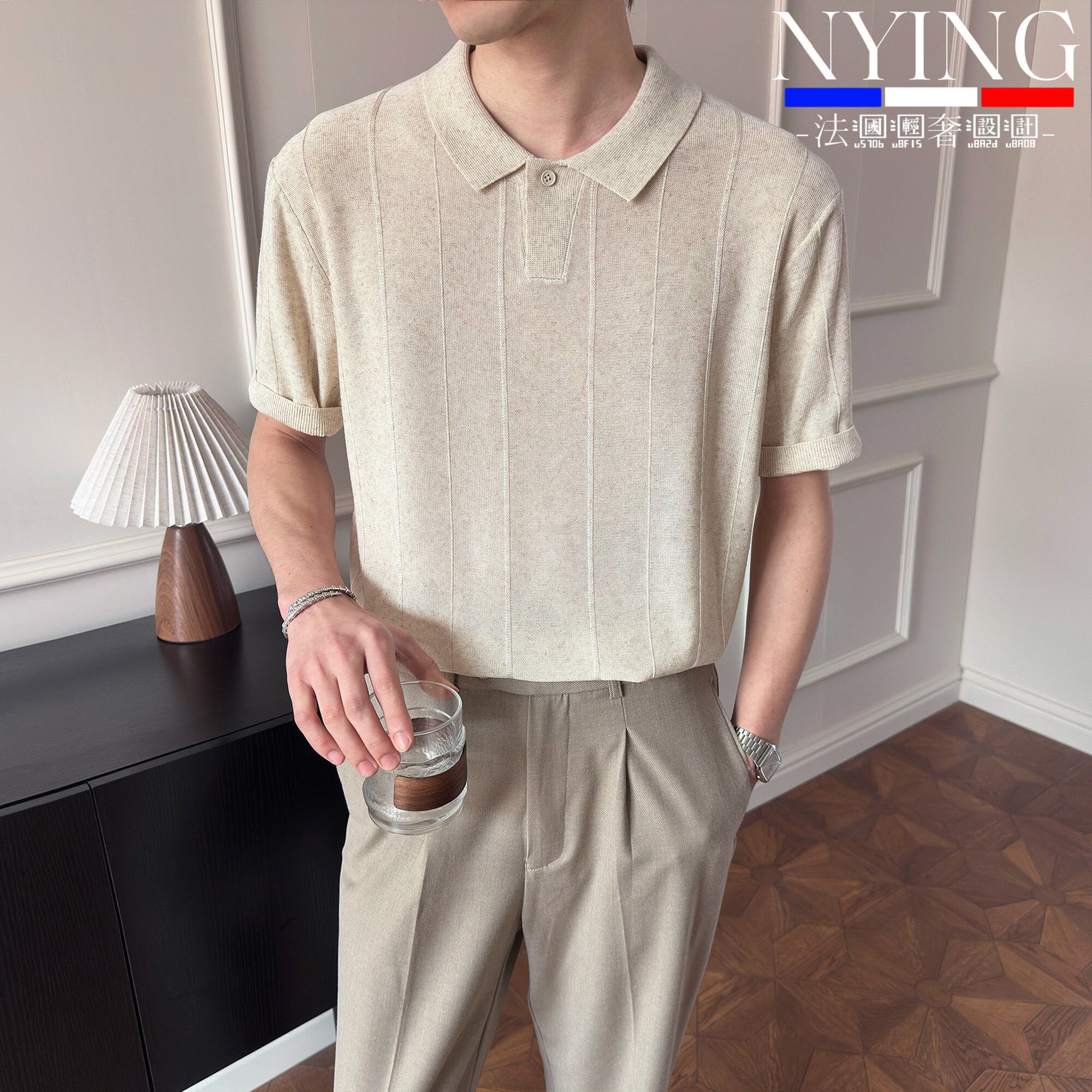 NYING法国亚麻天丝老钱风针织短袖男polo衫薄款高级感男士翻领T恤