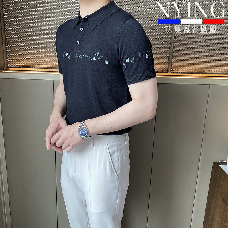 NYING法国男装短袖针织polo衫男夏季修身薄款刺绣翻领保罗衫T恤