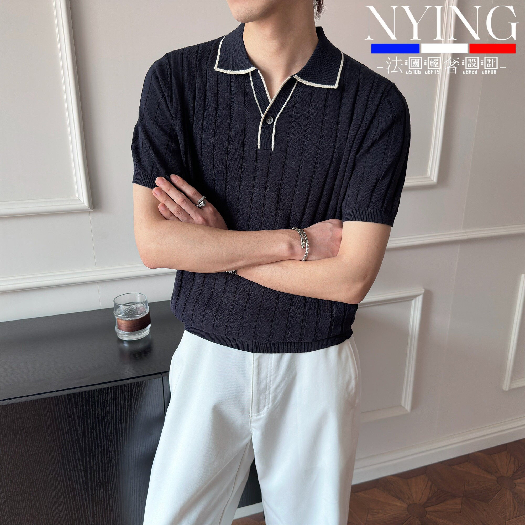 NYING法国亚麻莱赛尔老钱风V领针织polo衫男短袖高级翻领男士T恤