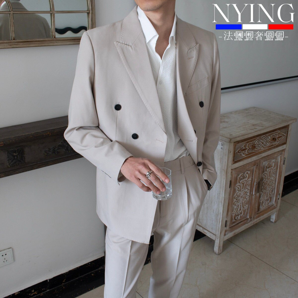 NYING法国夏季天丝含麻料双排扣西装男薄款商务正装男士西服外套