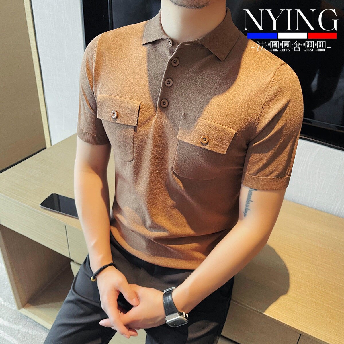 NYING法国双口袋设计针织冰丝polo衫男短袖夏季薄款高级感翻领t恤