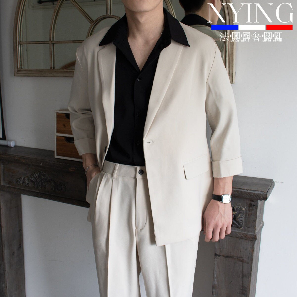 NYING法国夏季七分袖西装外套中袖高级感套装宽松男士休闲西服