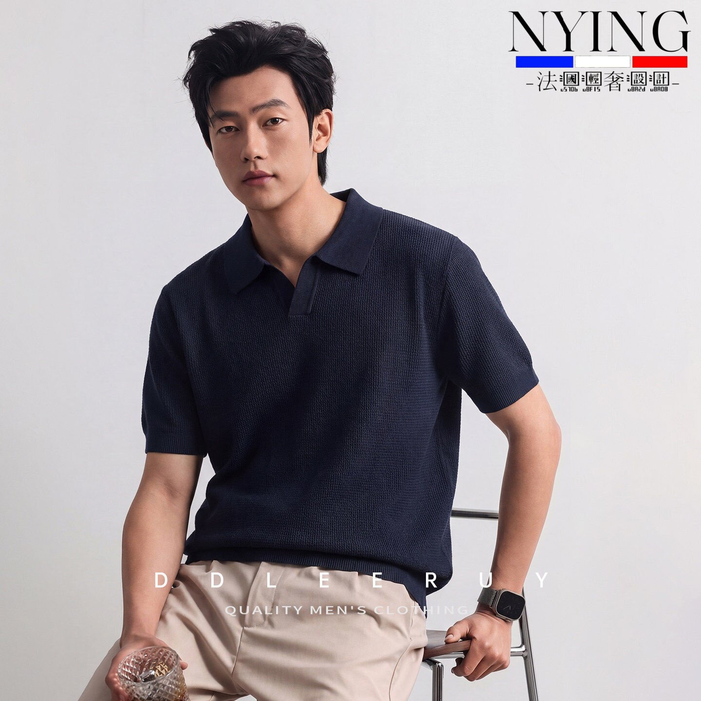 NYING法国老钱风针织菠萝纹海鸥领POLO衫男士夏季百搭透气短袖T恤