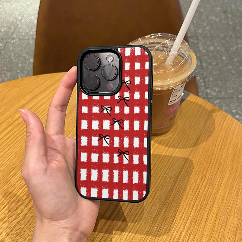 ins韩国格子蝴蝶结硬壳适用于新款iPhone16promax手机壳14pro创意13promax个性13黑色磨砂13pro情侣15pro潮14