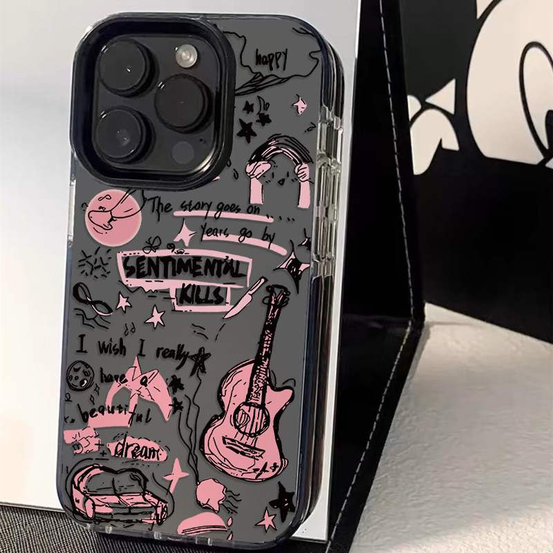 韩系ins风涂鸦线条吉他手机壳适用苹果17promax新款iphone17亮黑色15pro磨砂13女12小众不撞款11全包防摔软壳