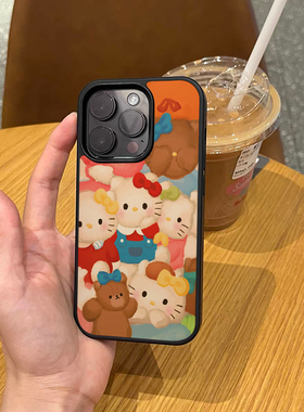 黑色磨砂韩国卡通熊版KT猫适用于苹果17promax手机壳iPhone13pro个性16pro创意小众15潮12个性13情侣14保护壳