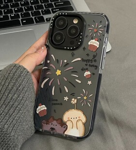 原创韩国趣味可爱猫狗烟花手机壳适用于苹果17promax创意iphone17新款16pro女款12高级14个性14pro黑边保护套