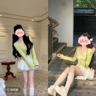 高腰蕾丝半身裙两件套 甜辣妹纯欲时尚 显瘦修身 镂空长袖 针织上衣