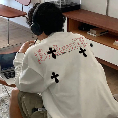 重磅纯棉潮牌美式痞帅打底衫潮流个性印花男款秋季圆领宽松长袖