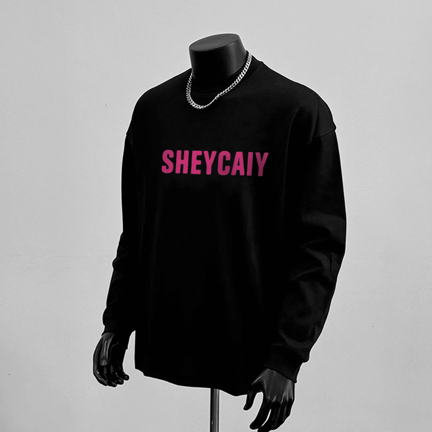 简约重磅印花长袖新款纯棉男上衣圆领男款百搭男士打底衫口袋巾