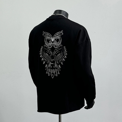 美式重磅印花长袖2025新款纯棉男上衣圆领秋季男款打底衫领带夹