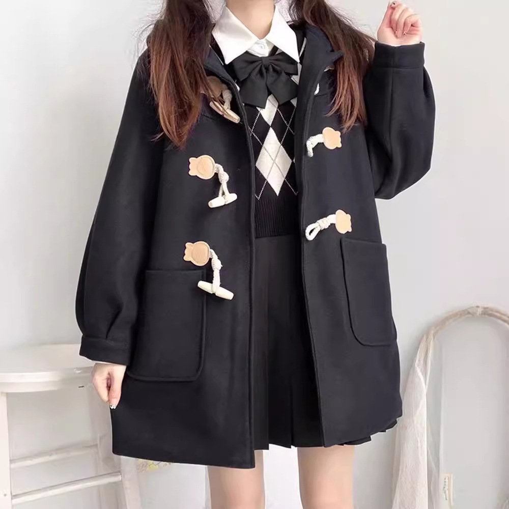 日系毛呢外套女2025秋冬季牛角扣学院风小个子中长款连帽呢子大衣