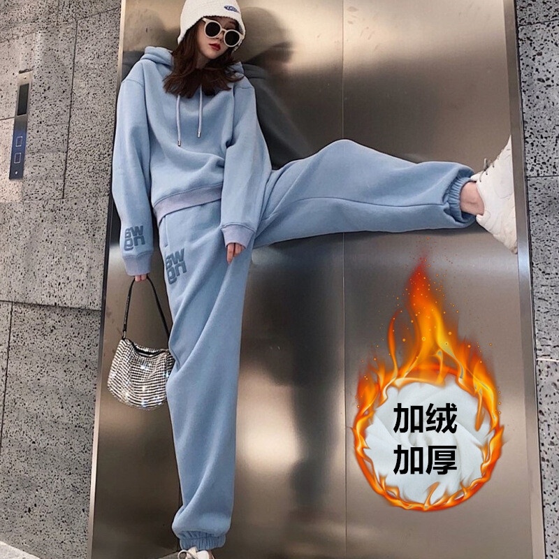 加绒加厚运动套装女春秋冬季韩版休闲运动套装