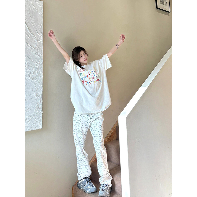 彩色字母印花短袖白色t恤女夏季2025新款宽松设计感小众半袖上衣