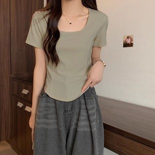微胖显瘦 弧形下摆短袖 t恤女半袖 夏季 正肩方领鱼骨收腰短上衣修身